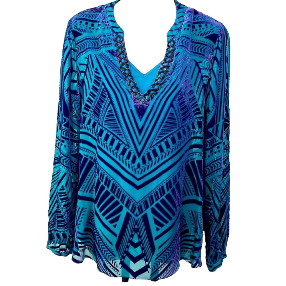 HALE BOB top in teal& deep purple velvet, beading at v neck line, small, EUC